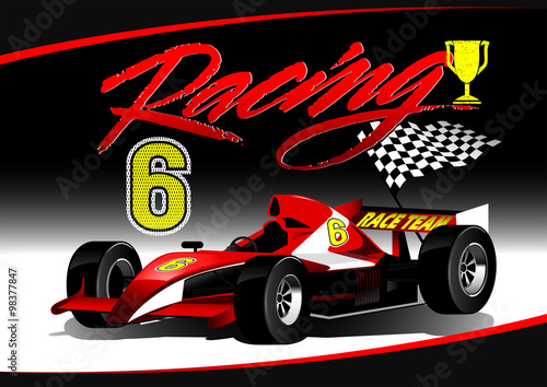 Red open wheel racing car with trophy