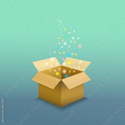 Open cardboard box with light and strad flying out. Vector isometric image.