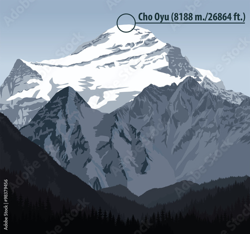 Vector Cho Oyu mountain is the sixth highest mountain in the world. Himalayas