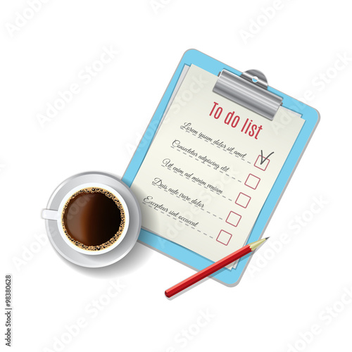 To do list on a clipboard, pencil, coffee cup. Office supplies. Business planning. Overhead perspective. 