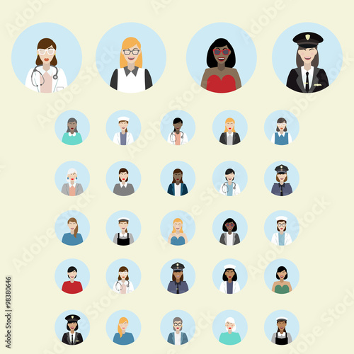 Set of woman portrait icons. Different professions. Teacher, police officer, pilot. nurse, doctor, actress.