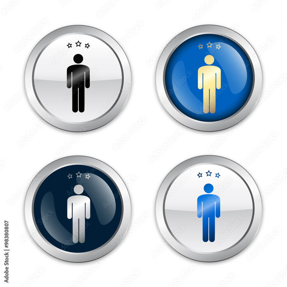 Man seals or icons with male symbol. Glossy silver seals or buttons. Man seals or icons with male symbol. Glossy silver seals or buttons.