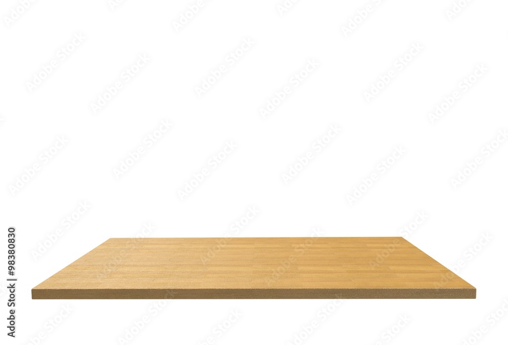 Empty top of wood laminate floor table or counter isolated on white background. For product display Empty top of wood laminate floor table or counter isolated on white background. For product display