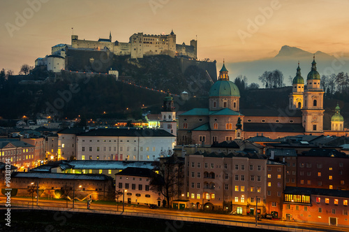 Aerial view of Salzburg  Austria at sunset