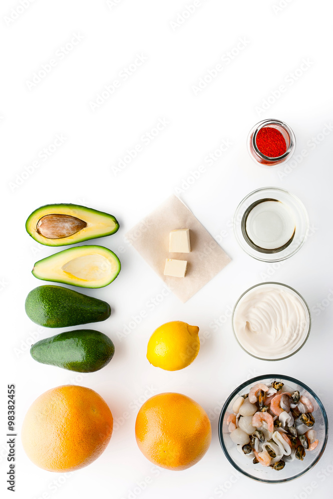 Ingredients for seafood salad top view Ingredients for seafood salad top view