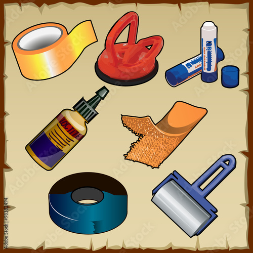 Set of adhesive and sticking materials and tools