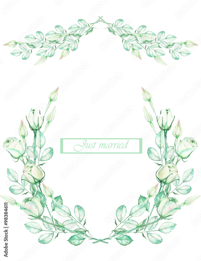 Frame border, garland and wreath of the tender green roses), painted in a watercolor on a white background, greeting card, decoration postcard or invitation