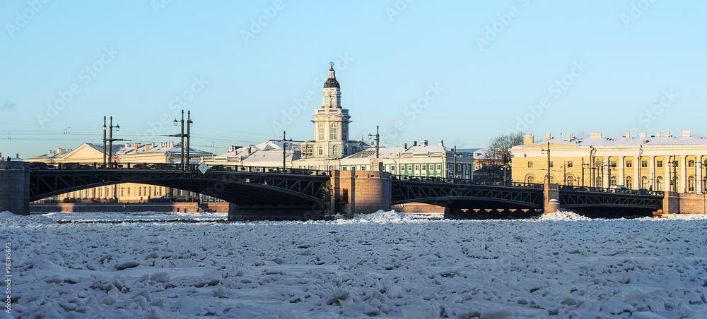 panorama kunstkamery and palace bridge early winter morning