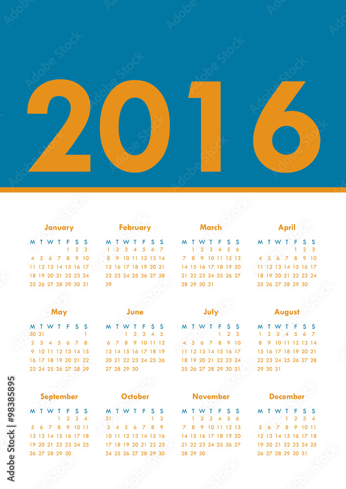 Poster Calendar for 2016. Week Starts Monday. Simple Vector Template, Vector Design Print Template Poster Calendar for 2016. Week Starts Monday. Simple Vector Template, Vector Design Print Template