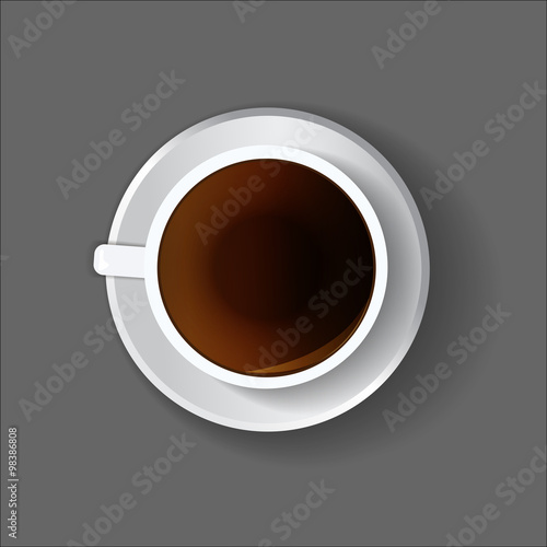 White coffee cup on a plate. Overhead point of view, view from above. Menu illustration, drinks menu. Vector image. 