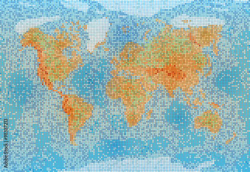 World map with relief depth and height