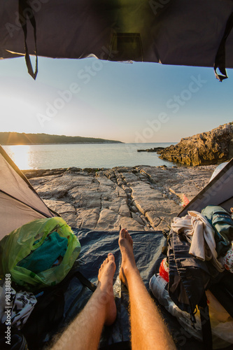 View from tent on stone beach in Croatia.