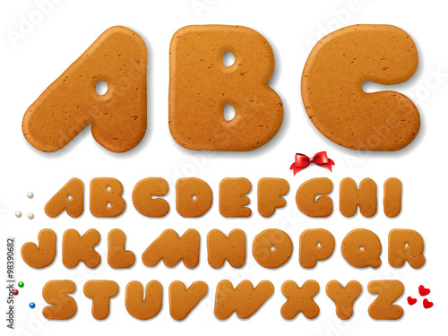 Set of vector letters in shape of a Christmas gingerbread cookies, alphabet, with design elements, isolated on white