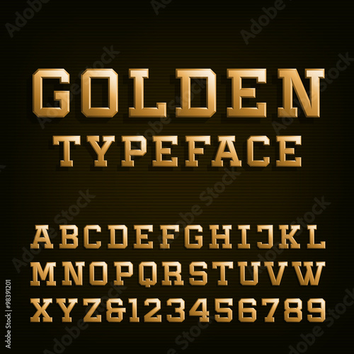 Golden Alphabet Vector Font. Type letters, numbers and symbols. 3D effect letters on the dark background. Vector typeset for headlines, posters etc.
