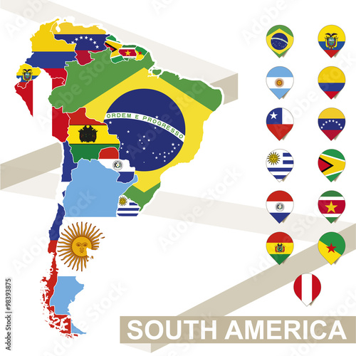 South America map with flags, South America map colored in with their flag. Vector Illustration.