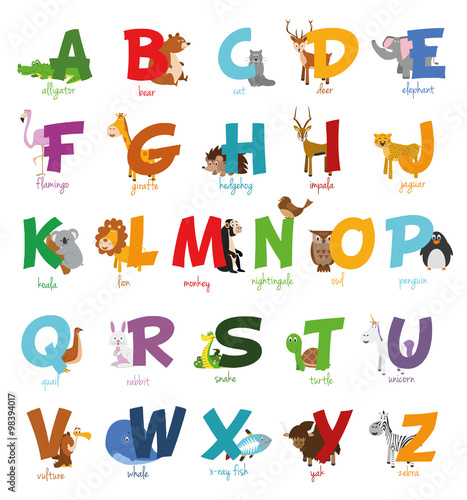 Ilustración de vector Alfabeto ilustrado con animales para niños. Abecedario inglés. Aprender a leer.