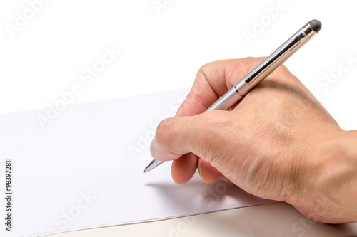 Hand holding a pen about to write on a white piece of paper