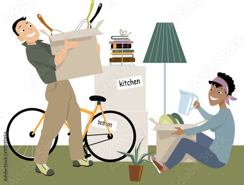 Young couple moving into a new place, unpacking their belongings, EPS 8 vector illustration, no transparencies