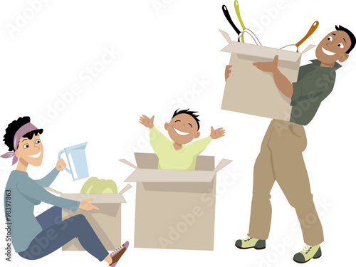 Young family moving into a new place, unpacking their belongings, EPS 8 vector illustration, no transparencies