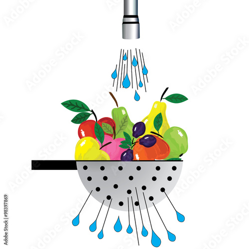Metal colander and fruit. Illustration of colander with fruit placed under the water