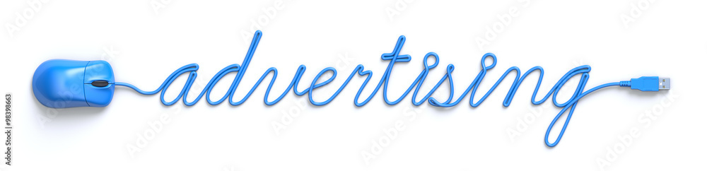 Blue mouse and cable in the shape of advertising word Blue mouse and cable in the shape of advertising word