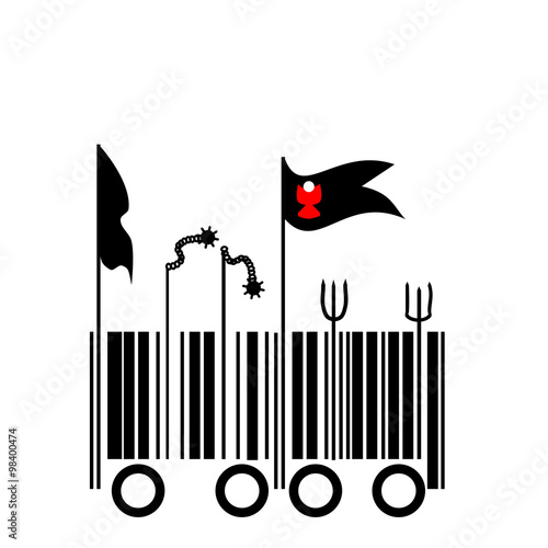 Barcode - Peasant revolt - graphic barcode transitioning into Calixtin flags and agricultural tools and weapons