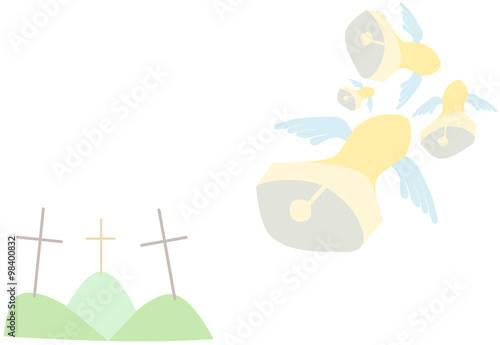 Very bright background with Easter motif - three cross on hills and bells flying to Rome. Superstition associated with the blessing of the bells. Isolated on white background.