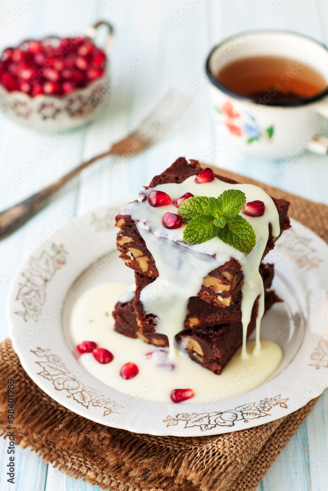 Brownies on wooden table