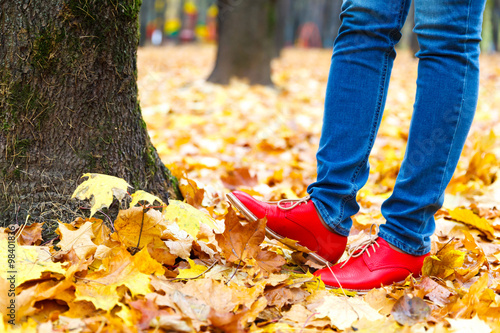 shoes on a background of yellow maple leaves © miklyxa