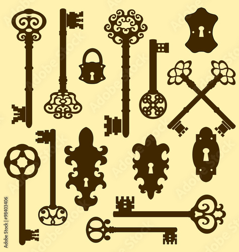 Old keys set with decorative elements in retro style