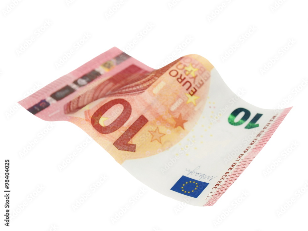 Flying 10 ten euro banknote isolated on white background Flying 10 ten euro banknote isolated on white background
