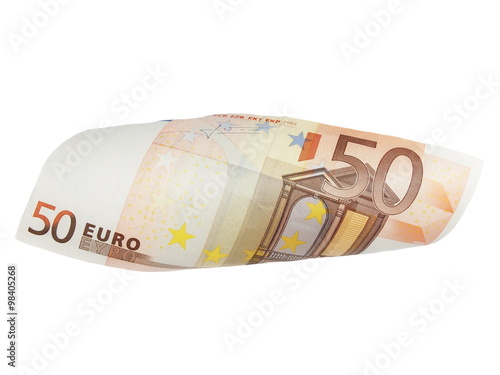 flying 50 euro bill in wave shape isolated with clipping path