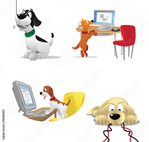 cartoon vector illustration of dogs computers
