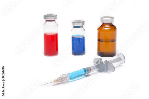 Injection ampule and disposable syringe show medicine concept