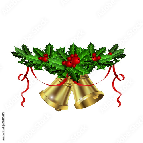  Christmas silver bells holly sprig and berries