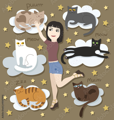 Girl with funny cats on clouds