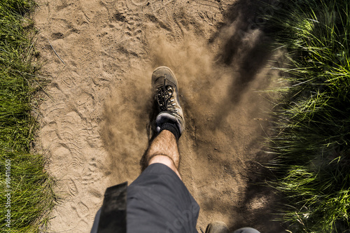 Hiking Boots on Sandy Trail First Person Point of View