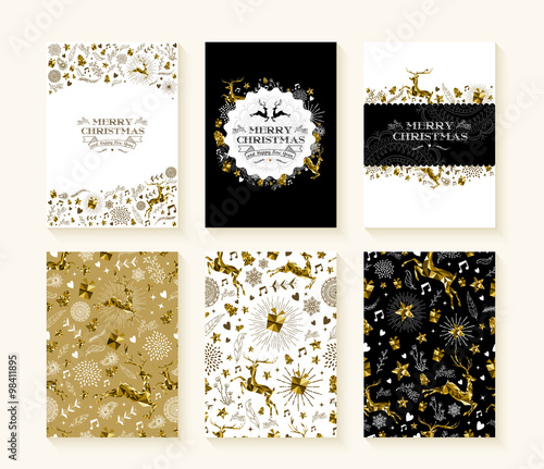 Merry christmas gold low poly set reindeer card