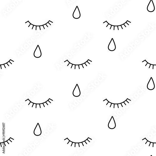 Black and white abstract pattern with closed crying eyes. Eyelashes background illustration.