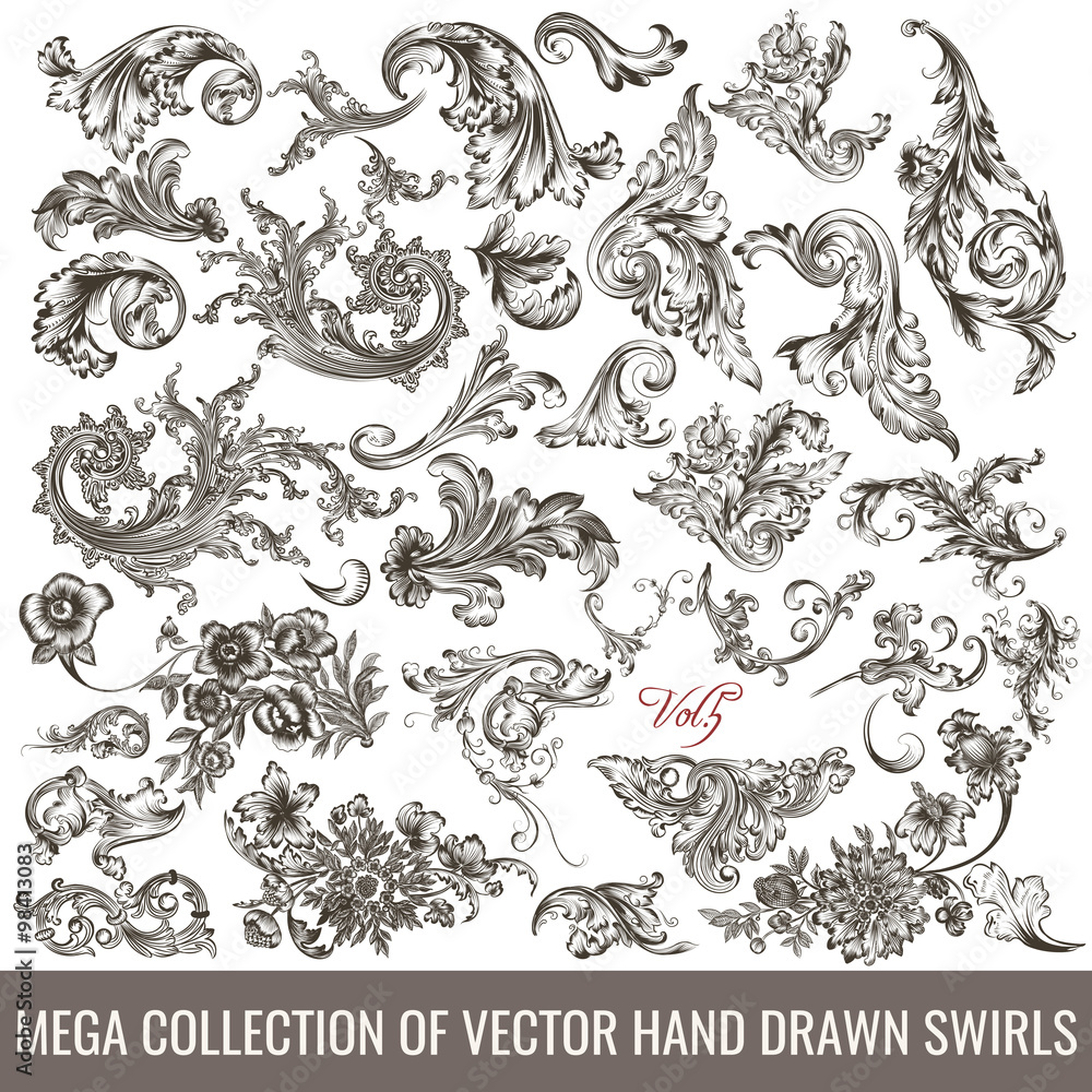 Fototapeta Collection of vector hand drawn flourishes in engraved style. Me