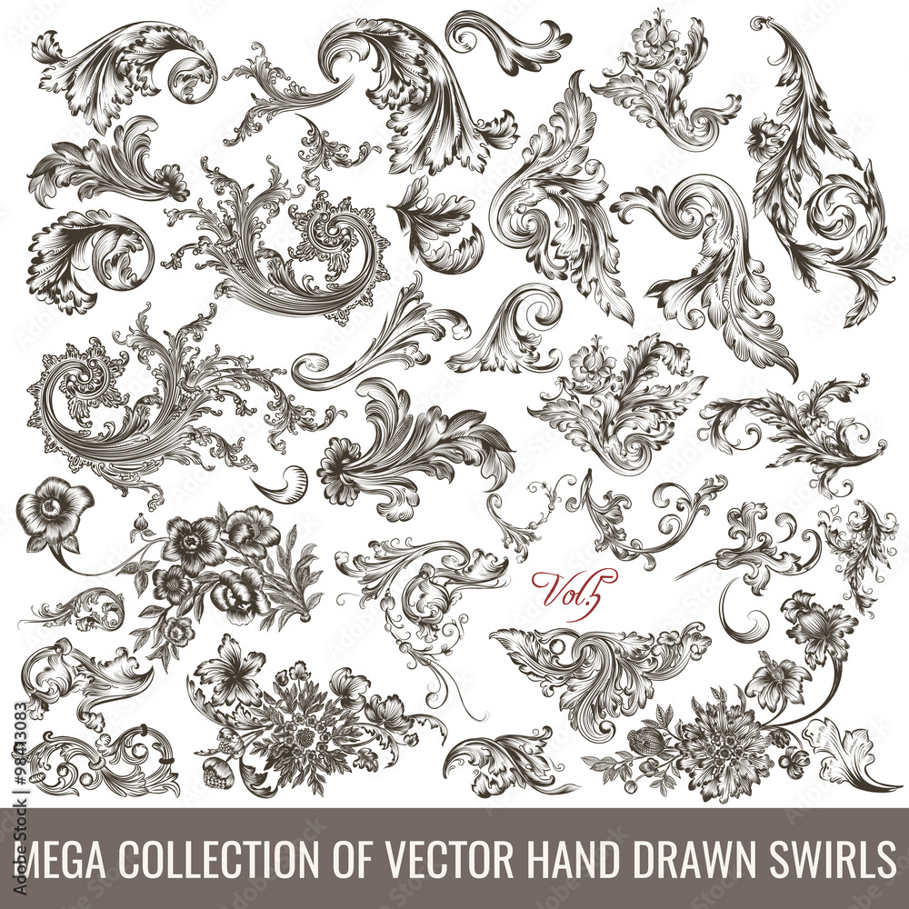 Fototapeta premium Collection of vector hand drawn flourishes in engraved style. Me