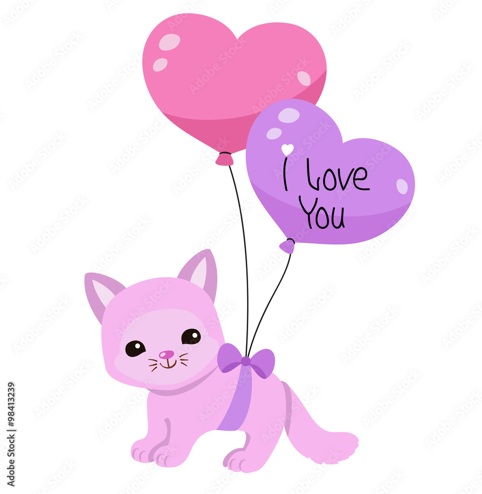 Greeting card. Cute kitten with balloons on a white background. Greeting card. Cute kitten with balloons on a white background.