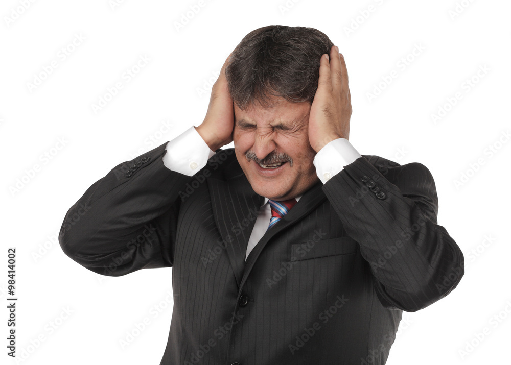 Mature business man standing isolated on white background with a headache Mature business man standing isolated on white background with a headache