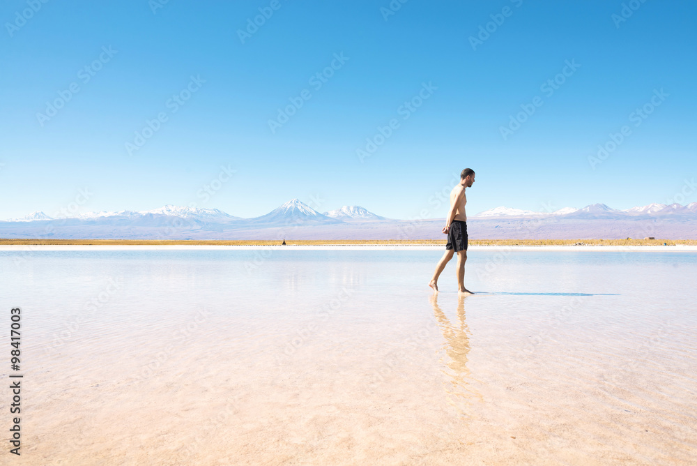 Chile, Atacama Desert, man walking at Laguna Cejar Chile, Atacama Desert, man walking at Laguna Cejar