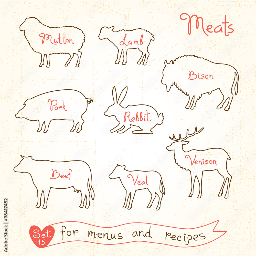 Set drawings of meat symbols, beef, pork, lamb, mutton, rabbit, bison