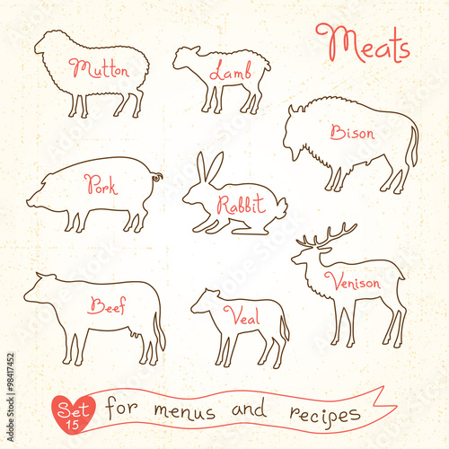 Set drawings of meat symbols, beef, pork, lamb, mutton, rabbit, bison, veal, venison,  silhouettes animals for design menus, recipes and packages product