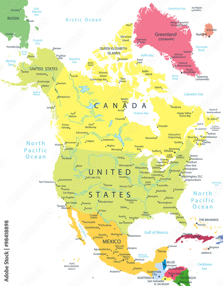 North America Detailed Political Map Isolated On White vector de Stock