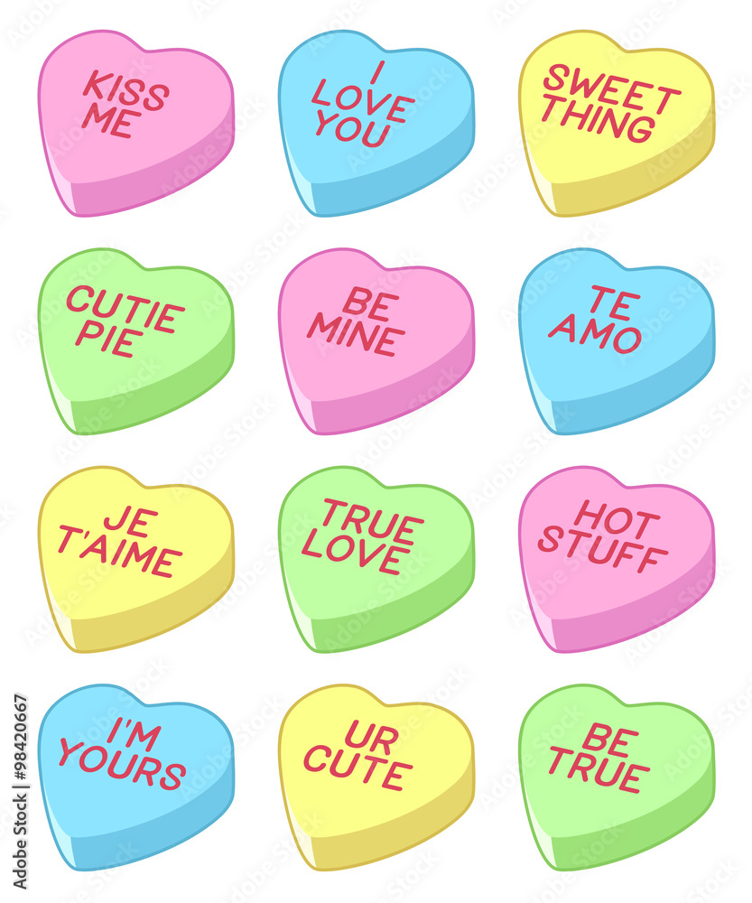 Vector illustration of a group of candy hearts in assorted colors with various love-themed sayings printed on each.