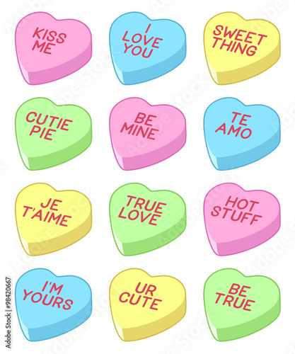 Vector illustration of a group of candy hearts in assorted colors with various love-themed sayings printed on each.