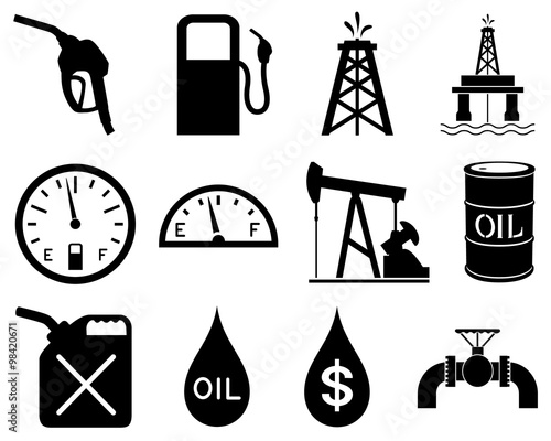 Vector illustration of a set of black and white icons representing the oil and gas industry.